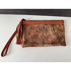 Western Co Cowhide Leather Clutch Wristlet Tassel Zipper Brown Tan